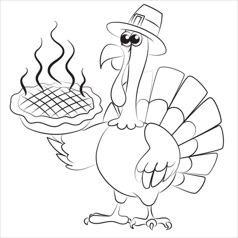 Thanksgiving Turkey In Pilgrim Hat Serving Hot Pumpkin Pie Coloring Page